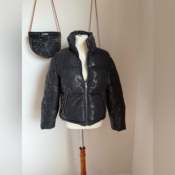 Baccini Jackets & Blazers - Baccini Black Sequin Textured Puffer Coat, Size Small